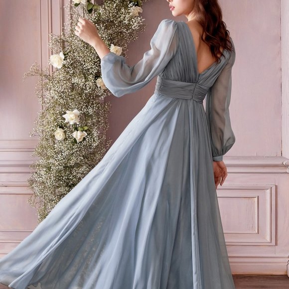 OFF WHITE WEDDING BRIDAL EVENING A-LINE CHIFFON LONG SLEEVE BRIDAL GOWN  CD0192 - Picture 6 of 9